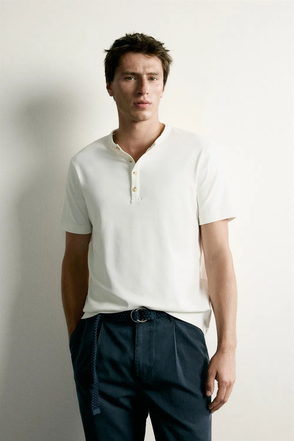 Футболка Henley стандартного кроя ZARA, Oyster-white — фото 2