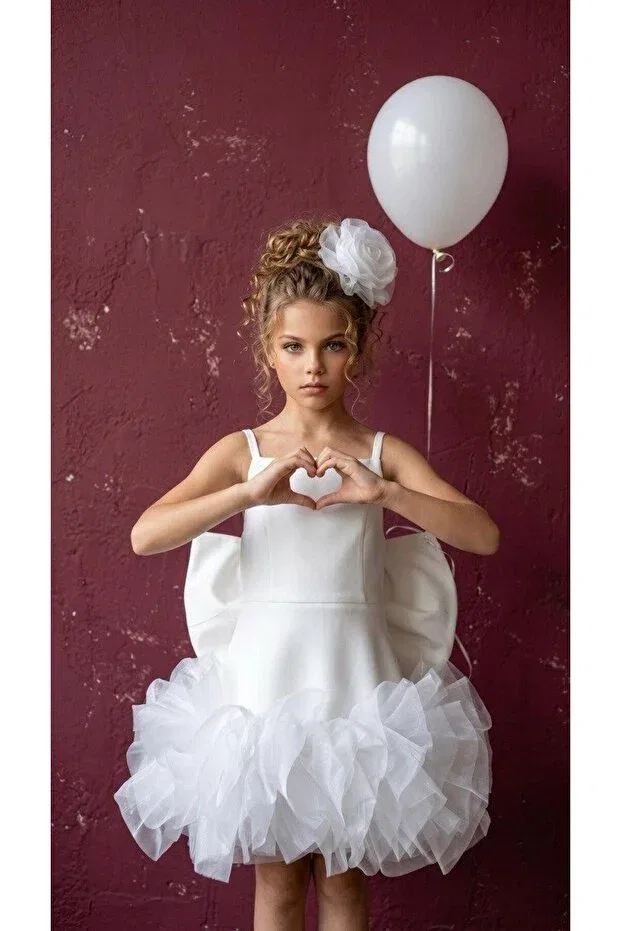 Детское платье для девочек с принтом Big Bow Detailed Strap Fluffy Tulle Evening Dress + Buckle Mc Minicool, White — фото 2