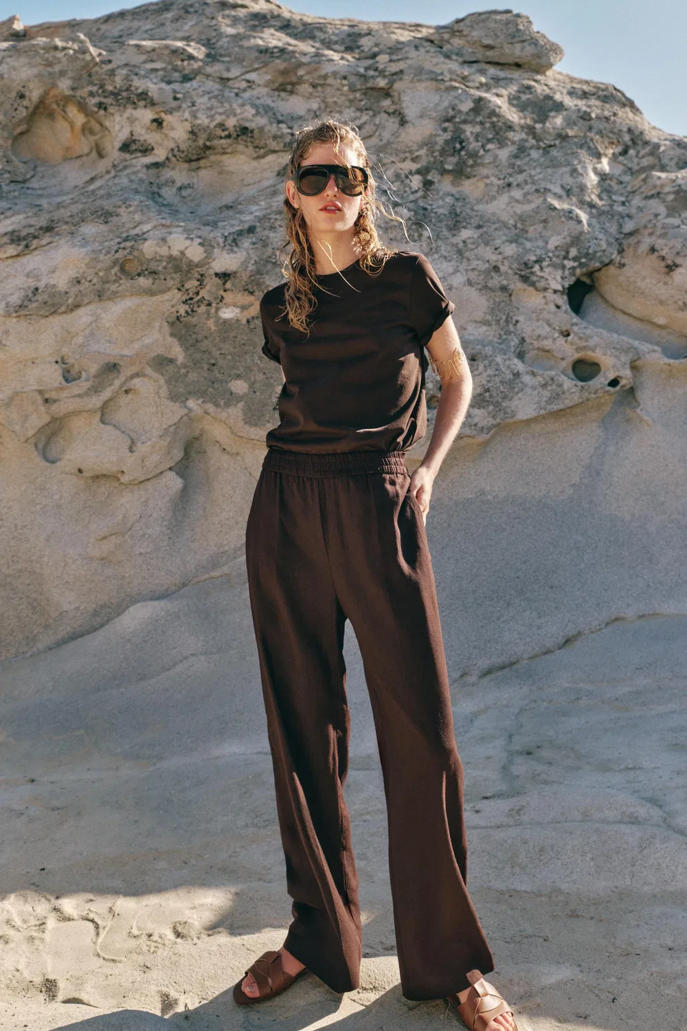 Прямые брюки из льна ZARA, Dark Brown