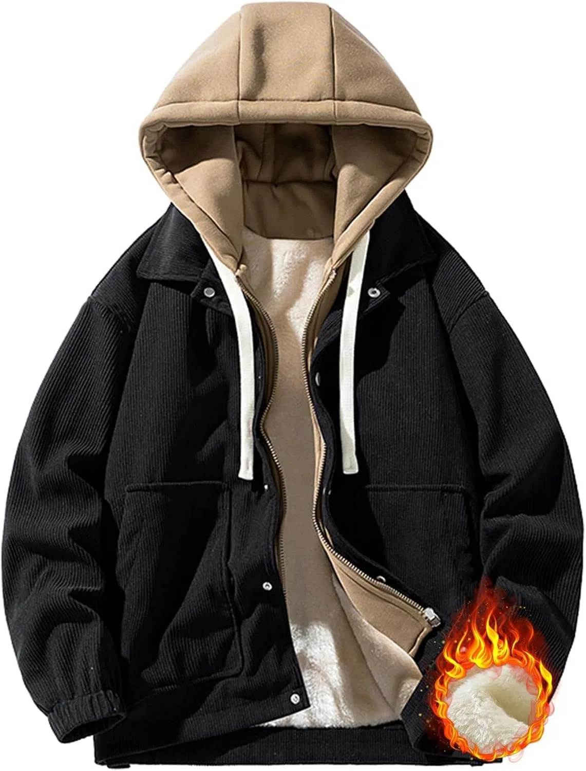 Мужское хлопковое пальто с капюшоном, Corduroy Hooded Jacket, Black Thick