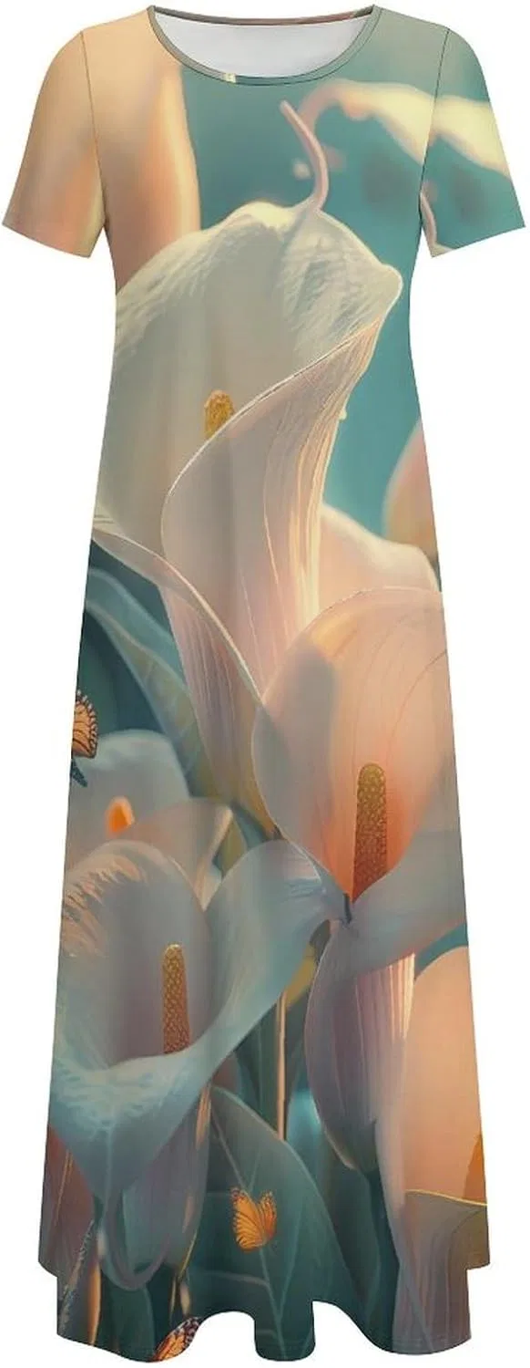 Женское летнее платье макси с коротким рукавом Calla Lilies Bouquet Butterfly — фото 4