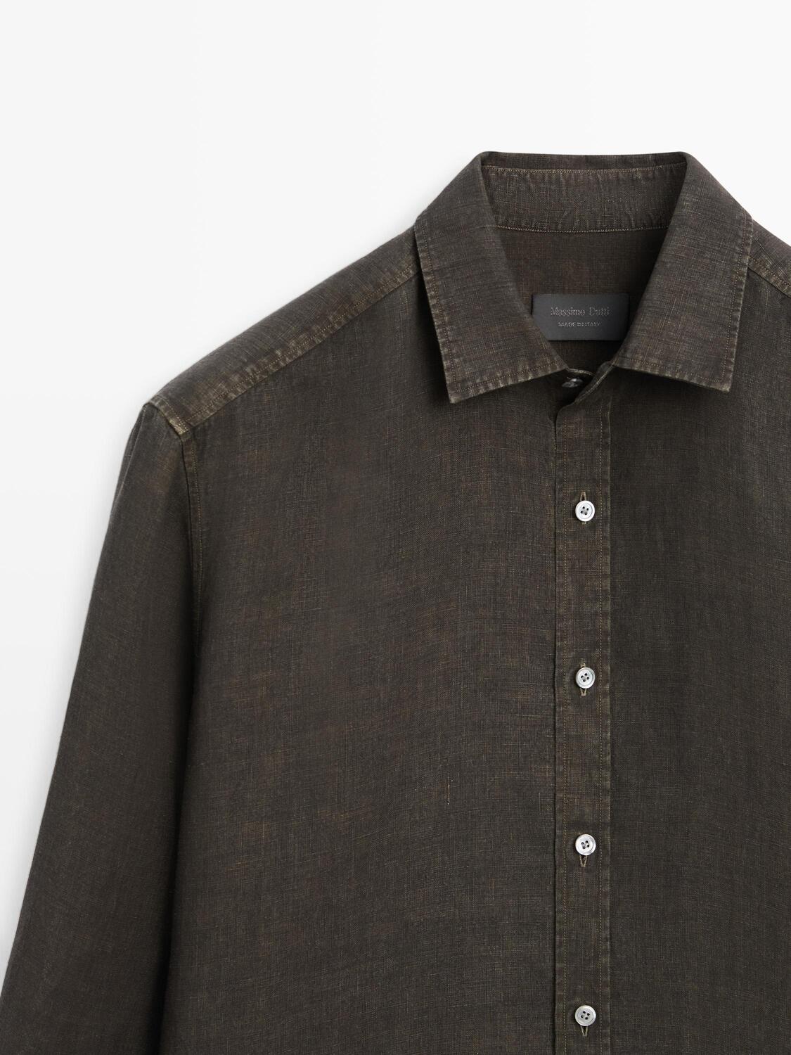 Рубашка Massimo Dutti 100% Linen Regular Fit, хаки — фото 4
