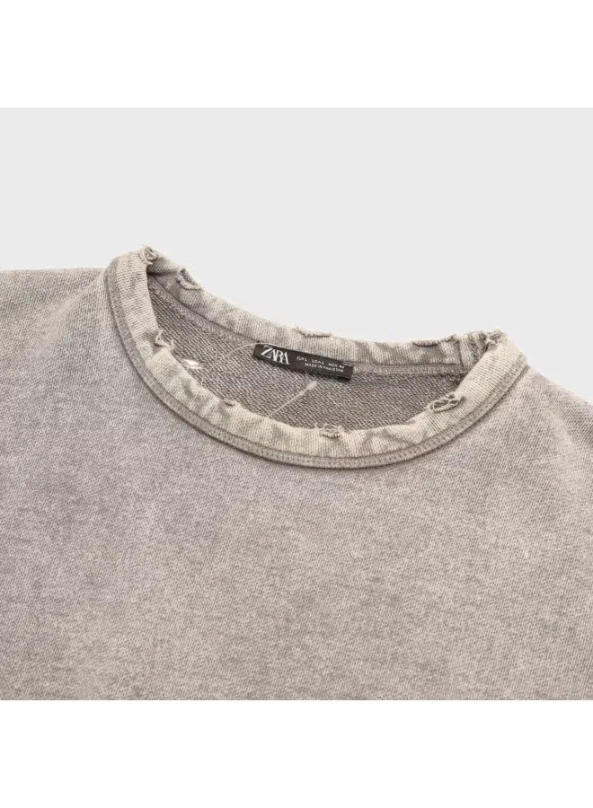 Худи свободного кроя с эффектом потертости Zara, серо-хаки — фото 4