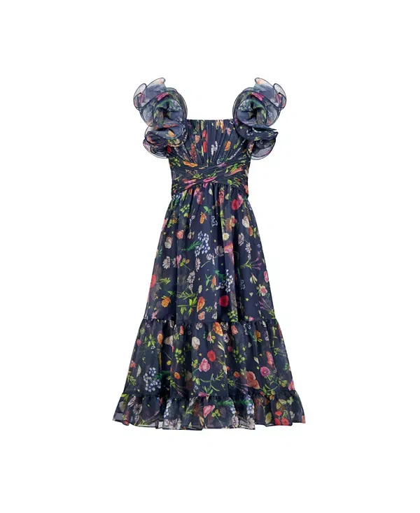 Детское платье для девочек с принтом Ruffle Shoulder Chiffon Gown Mac DUGGal, Midnight Multi