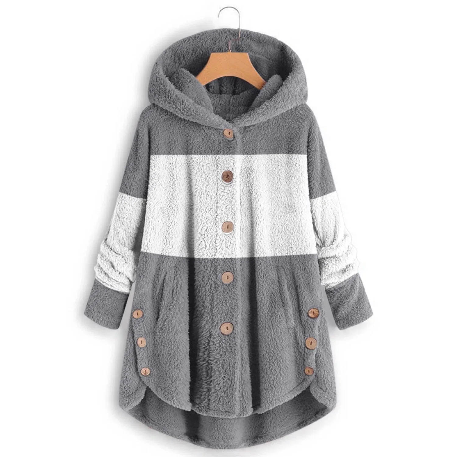 Женское длинное пальто из флиса с капюшоном, оверсайз, с длинным рукавом, Grigio — фото 2