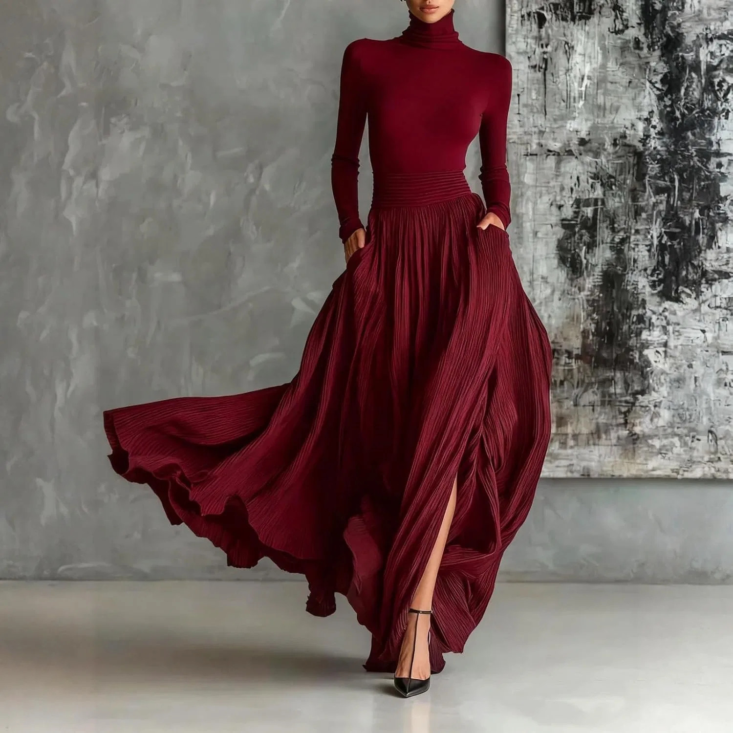Женское платье-макси с поясом A-силуэта, Deep Red — фото 2