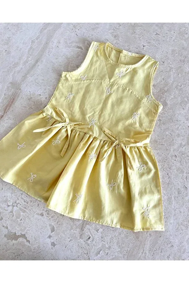 Детское платье для девочек хлопковое Female child bow detail woven cotton poplin fabric dress holiday Arbi Kids, Sarı — фото 2