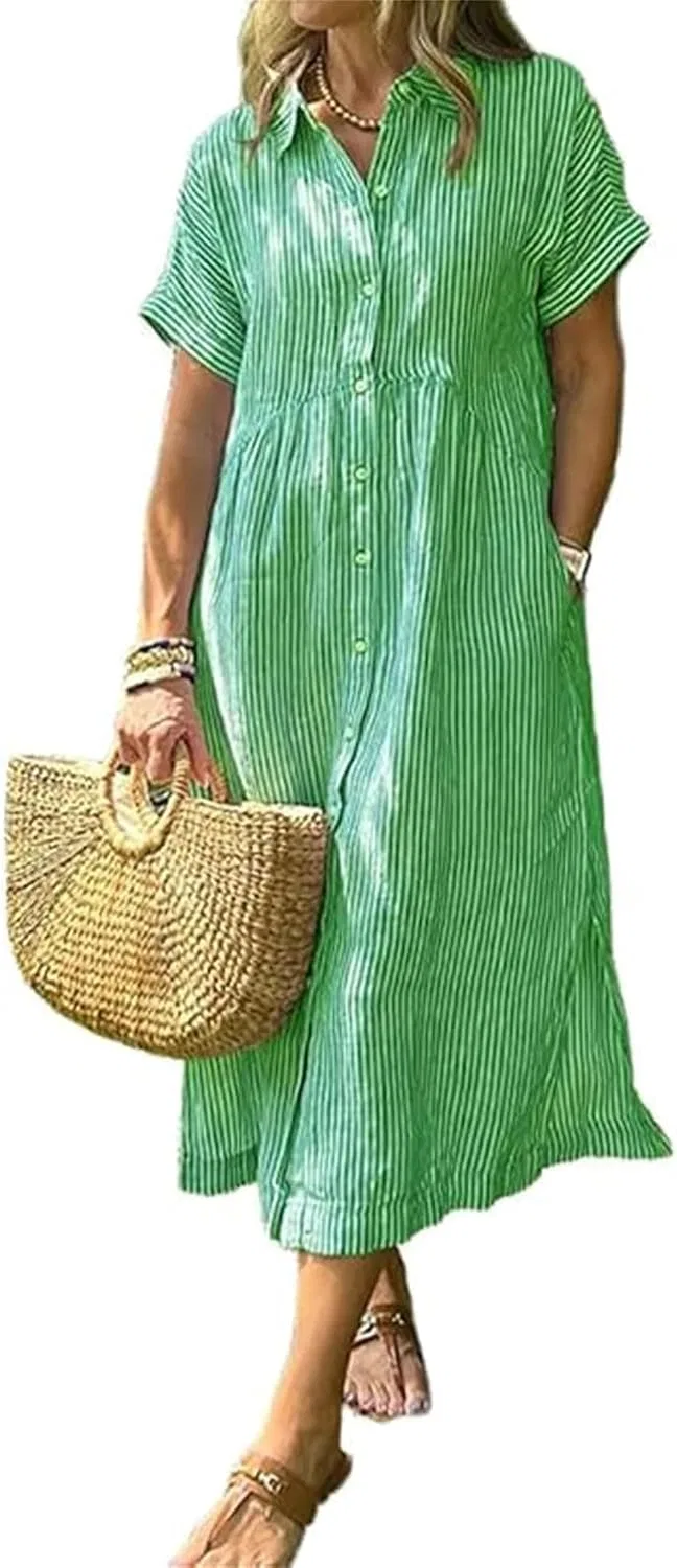 Женское платье-рубашка с принтом, Striped Lapel Button Down Shirt Dress, зелёный