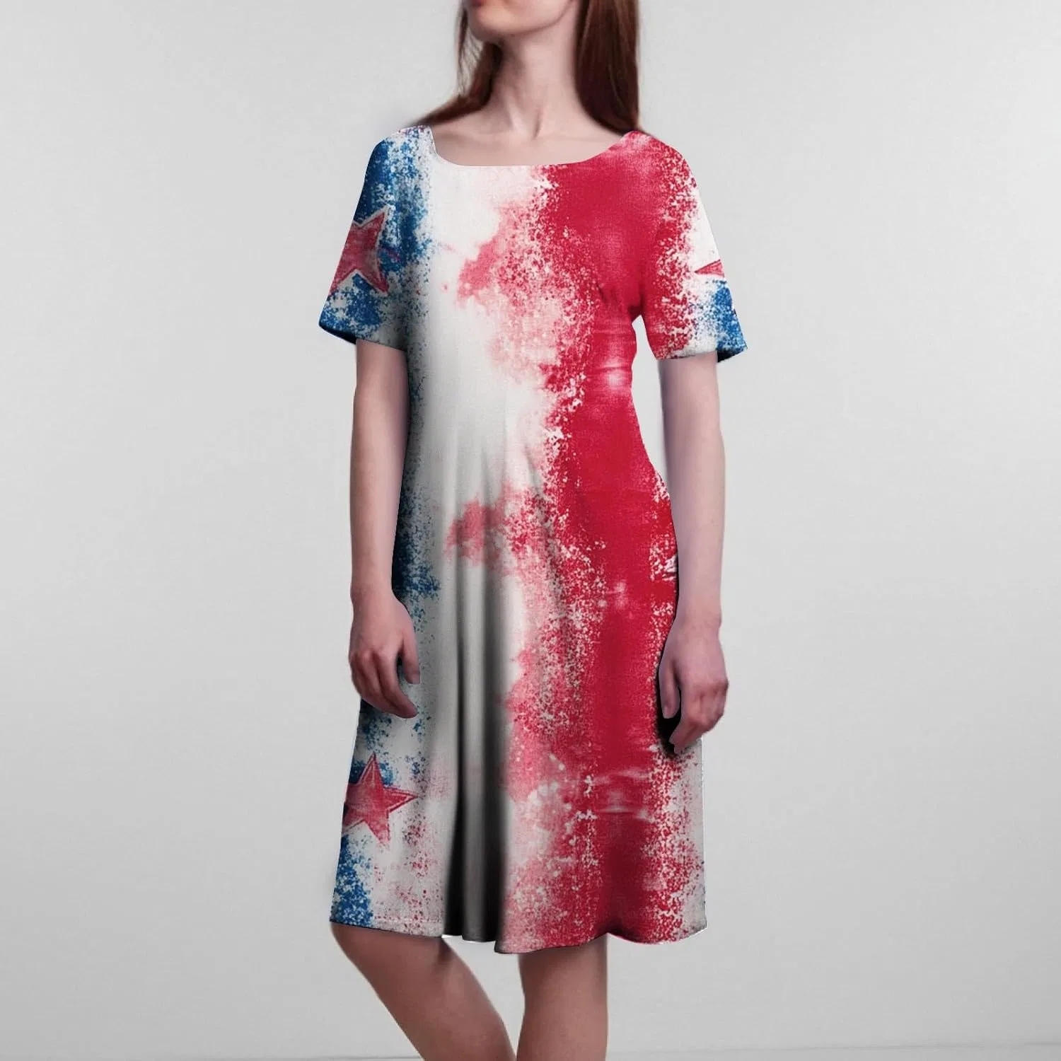 Женское повседневное платье миди с принтом звезд и мазков, American Flag Flowy Patriotic Dress, Vermilion — фото 3