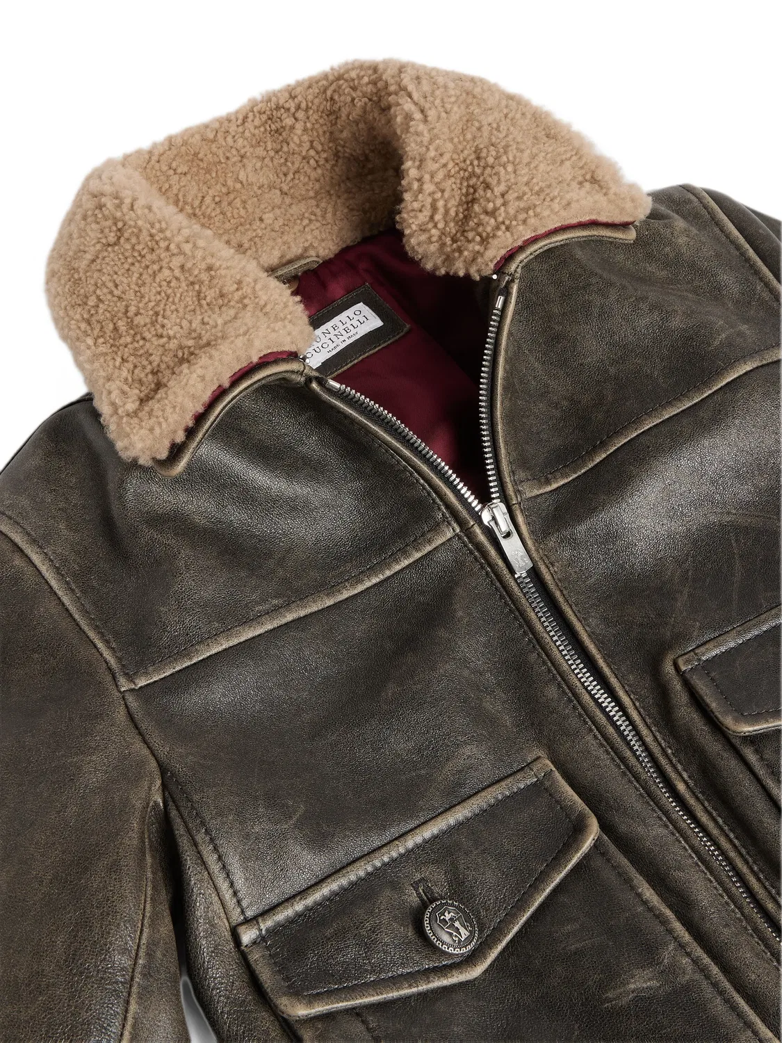 Бомбер с воротником из овчины Brunello Cucinelli Kids, коричневый — фото 3