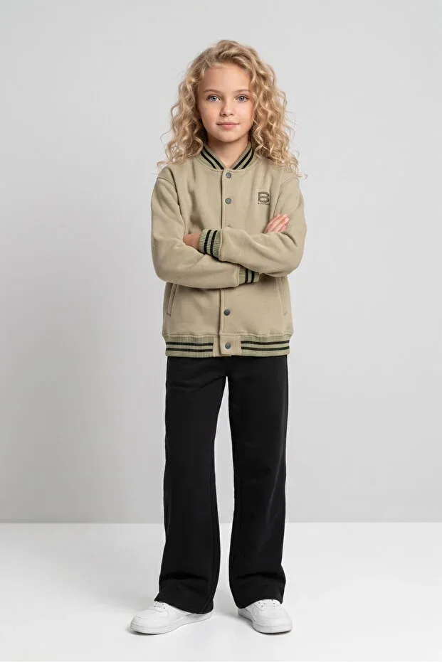 Детский спортивный комплект для девочек с широкими штанинами College Collar Wide Leg Tracksuit Set Black One, Green — фото 2
