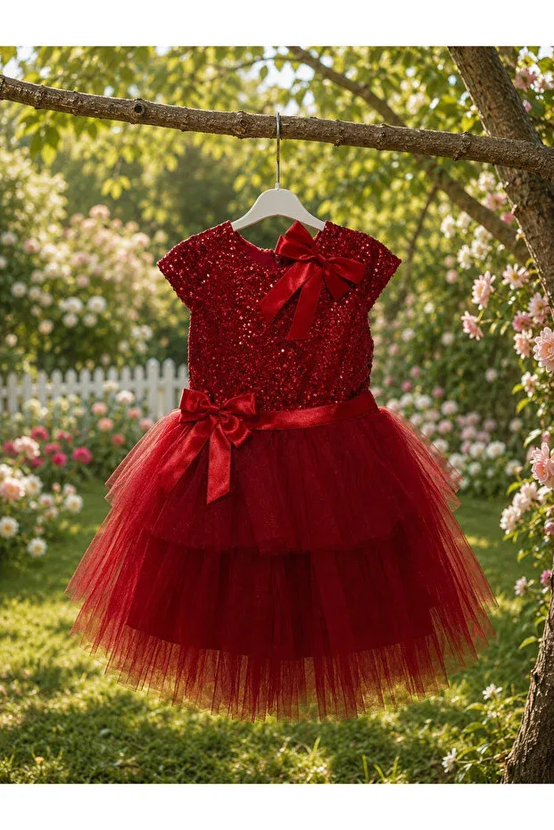 Детское вечернее платье-трапеция с пайетками Party Tinytrends, Red — фото 2