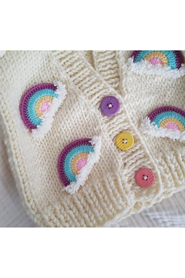 Детский кардиган с ручной вышивкой Hand knitted rainbow detailed girl's cardigan El Örgüsü, White — фото 2