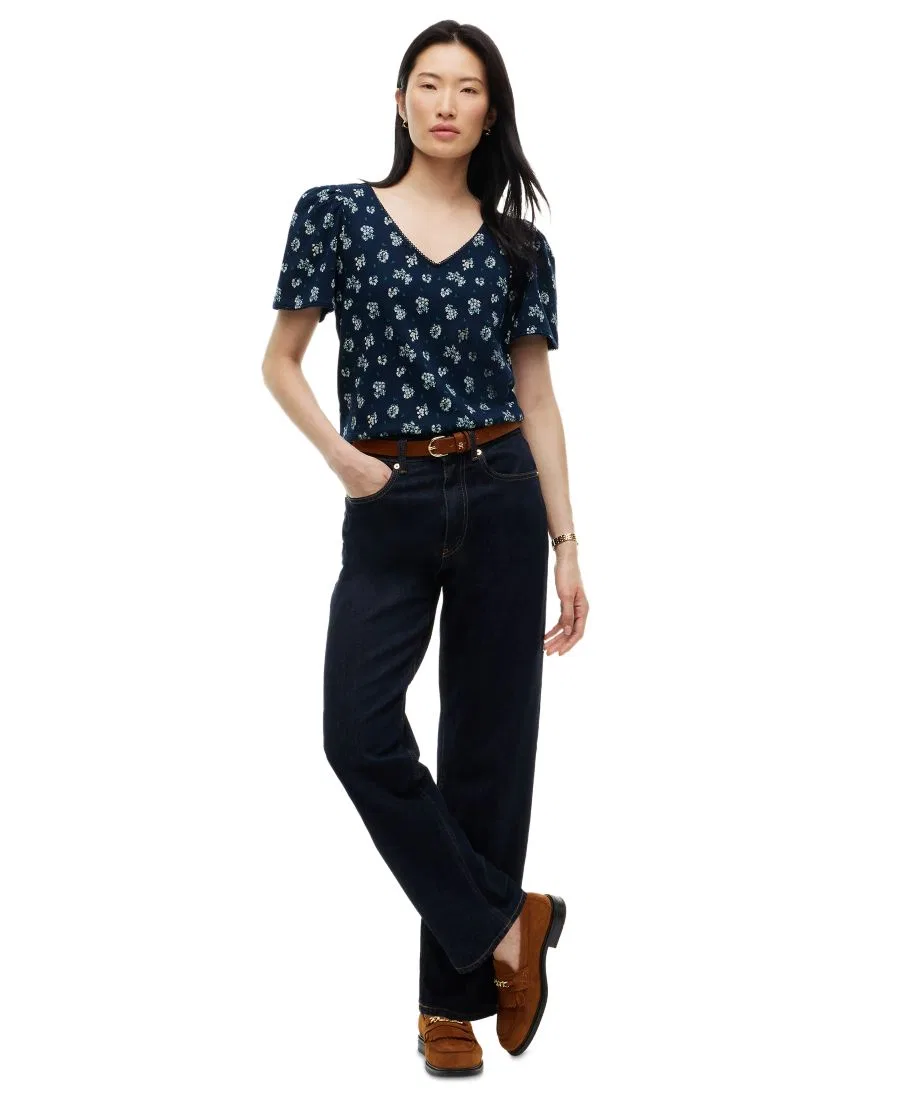 Топ с принтом, с контрастной отделкой и короткими рукавами-фонариками Tommy Hilfiger, Traditional Floral Dark Blue — фото 2