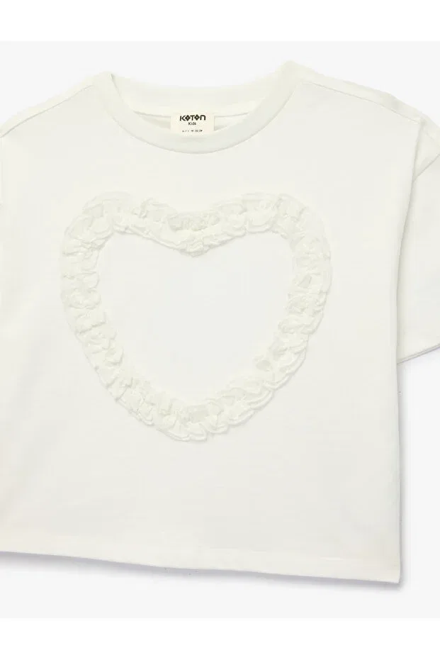 Детская футболка для девочек хлопковая Ruffled Heart Detailed Short Sleeve Crew Neck Koton, Ecru — фото 3