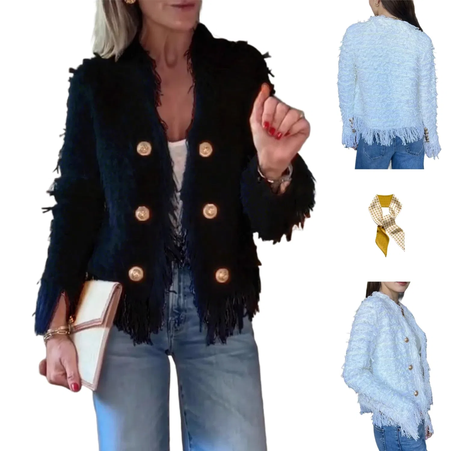 Женский кардиган с бахромой Fringe Cardigan Jacket, Nero