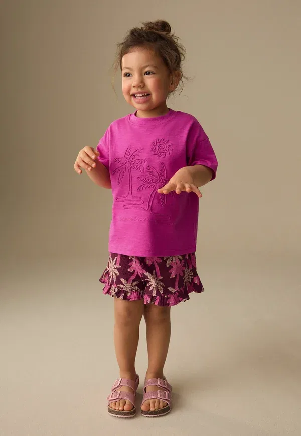 Комплект из топа и шорт с вышивкой Regular fit - short sleeve top and shorts set - shorts Next Pink Purple Palm Tree Embroidery, фиолетовый