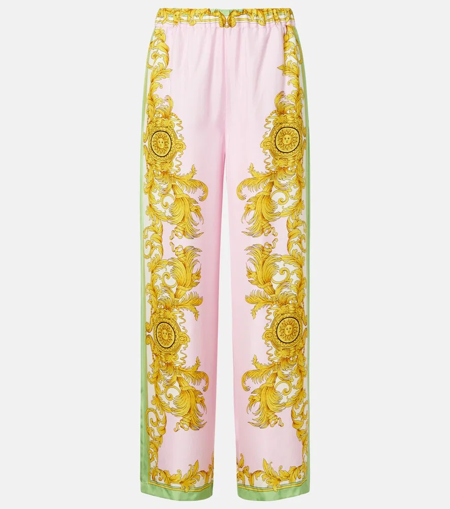 Широкие брюки из набивного шелкового твила Versace, мультиколор