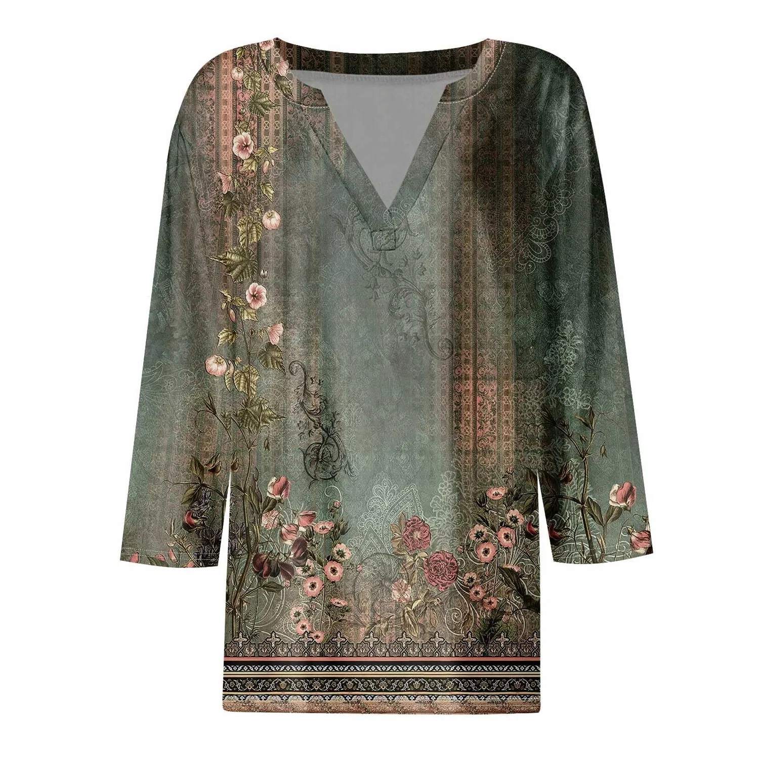 Женская блуза с принтом Women Blouses 3/4 Sleeve V Neck Casual Elegant Summer Boho Floral Print Blouses, 29#bronzo — фото 3