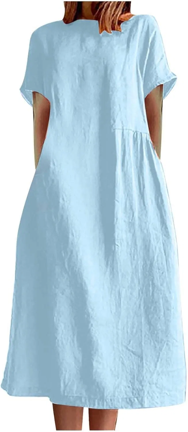 Женское летнее платье миди из льна и хлопка с коротким рукавом, Light Blue