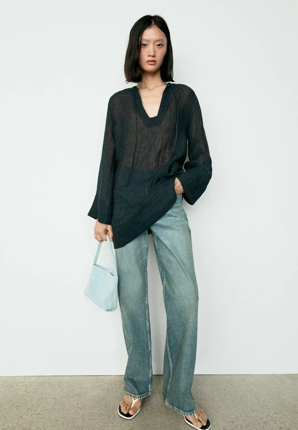 Свободное мини-платье из 100% льна - повседневное платье Massimo Dutti, Dark Blue — фото 2