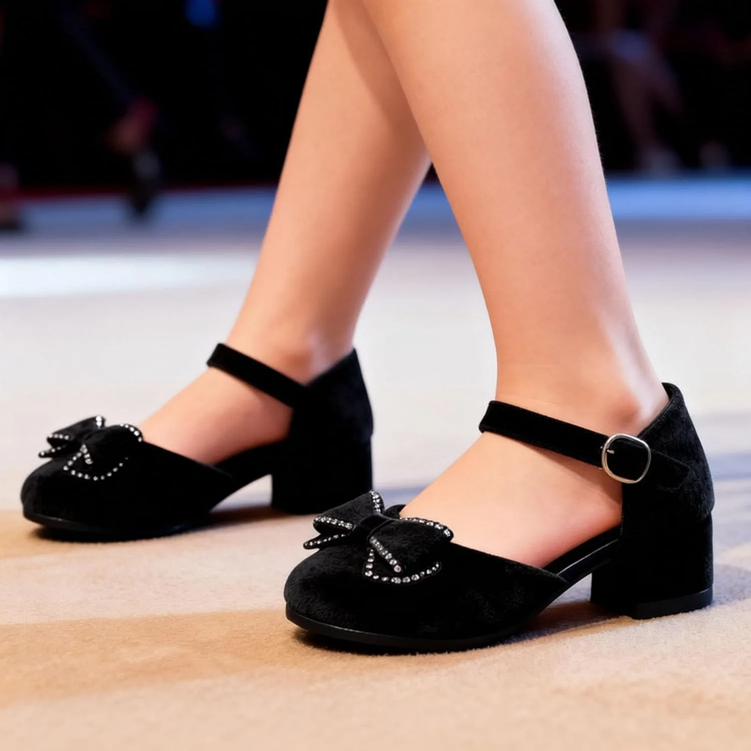 Детские туфли для девочек с бантом, модель British-Style Elegant Cute Low Chunky Pumps Bow Fashion, Black — фото 2