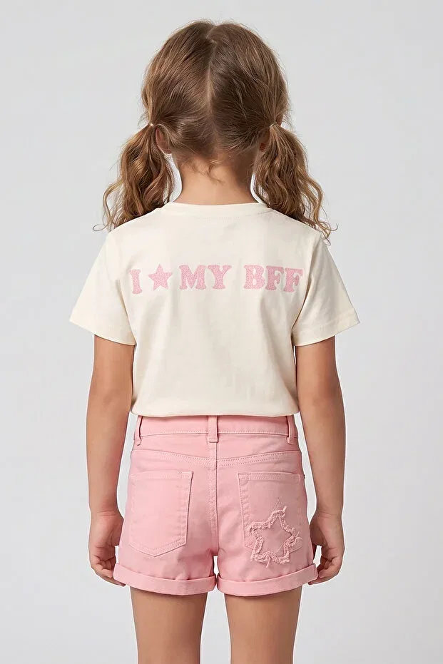 Детские шорты для девочек с принтом High Waist Sequin Star Detailed Pocket Summer Short Denim Casual Girl Dmb Boys & Girls, Powder — фото 2