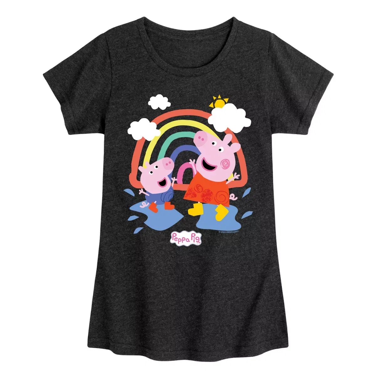 Детское футболка для девочек с принтом Peppa Pig Rain Puddles с радугой Peppa Pig, Heather Black