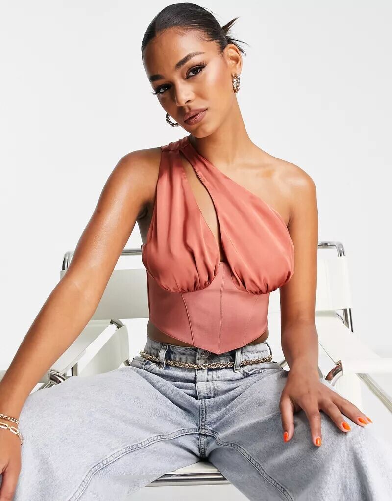 

Корсетный топ на одно плечо с чашками ASOS Going Out пыльно-розового цвета
