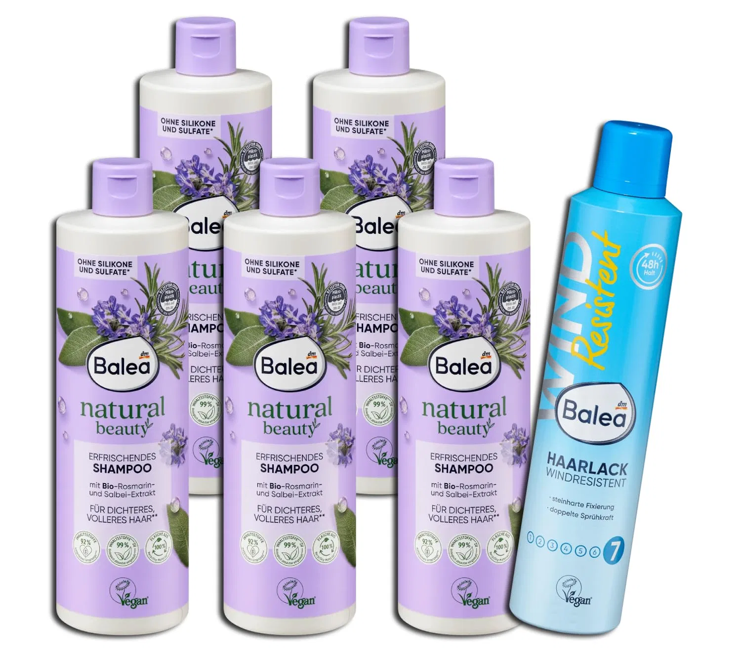 Набор шампуней «Refreshing Natural Beauty Herbs» 5 x 400 мл и лак для волос от Balea Volans