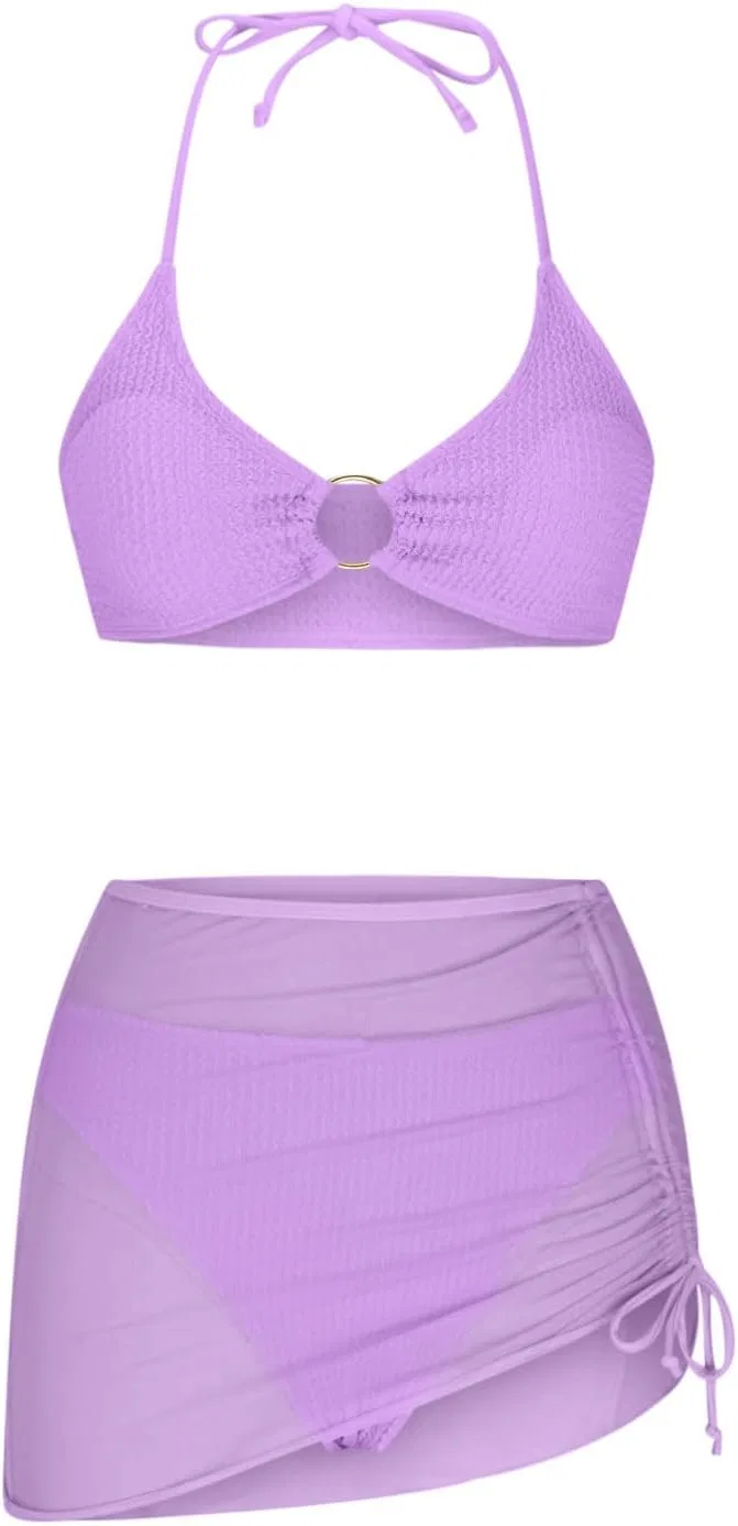 Женский купальный костюм с завязками на шее и юбкой, Purple-1 — фото 3