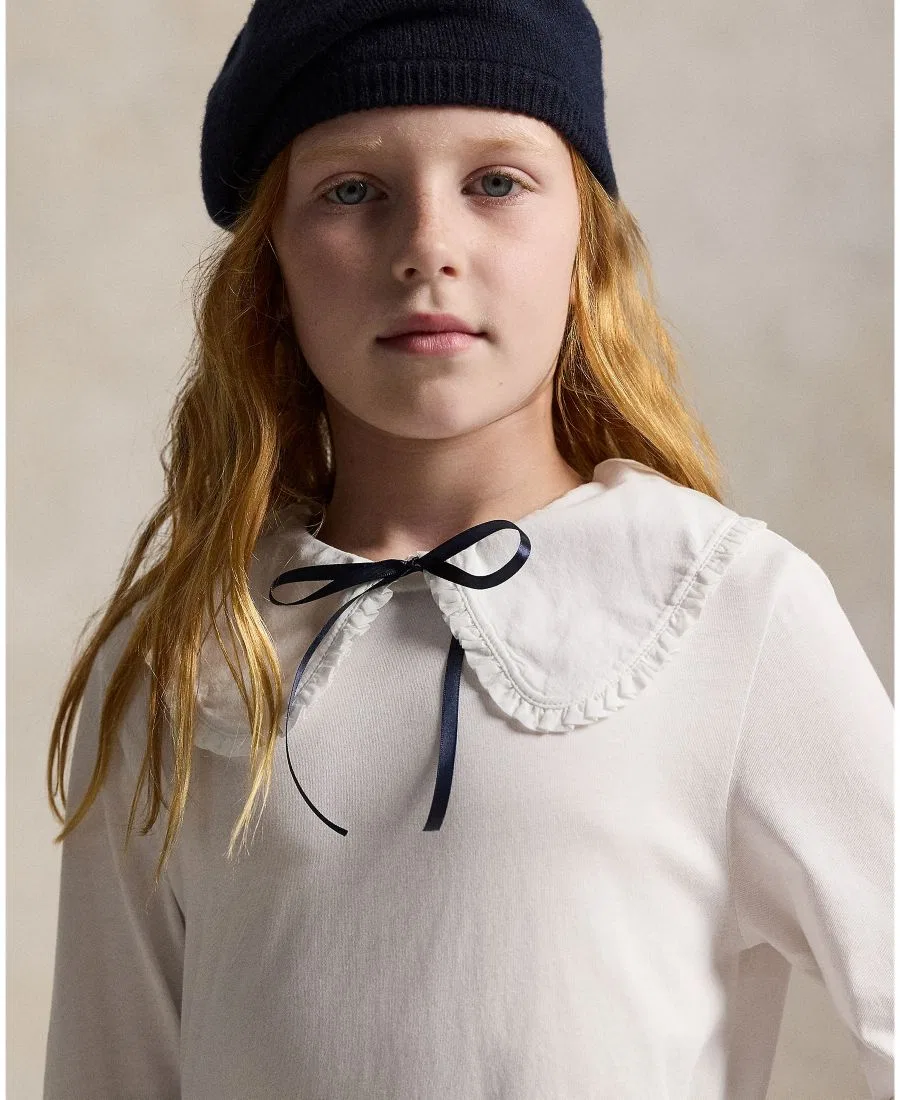 Детская футболка из хлопкового трикотажа с оборками (7-16 лет) Polo Ralph Lauren, White — фото 3