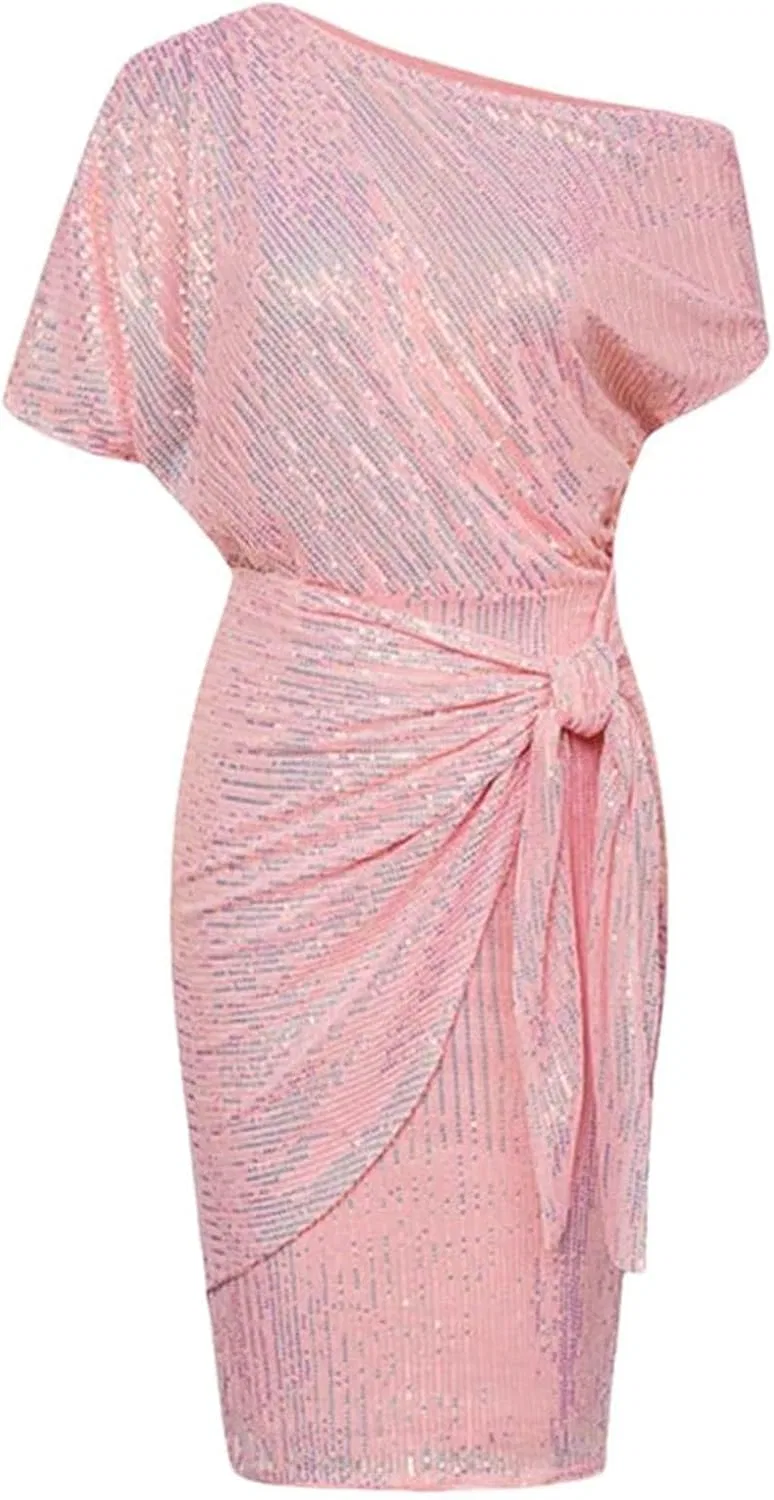 Женское коктейльное платье с пайетками One Shoulder Ruched Bodycon, Pink