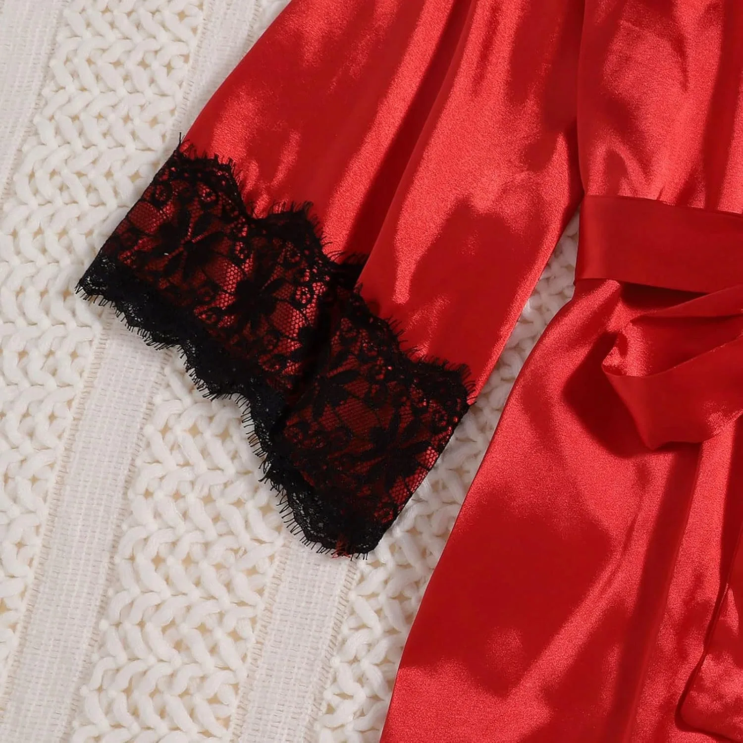 Комплект пижамы из шелкового сатина с кружевом, Red — фото 4