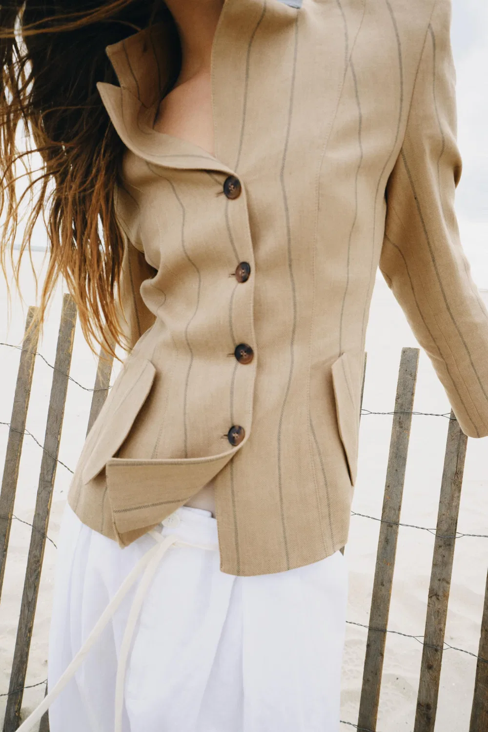 Полосатый пиджак из коллекции ZW с льняной отделкой ZARA, Mid-Camel — фото 4