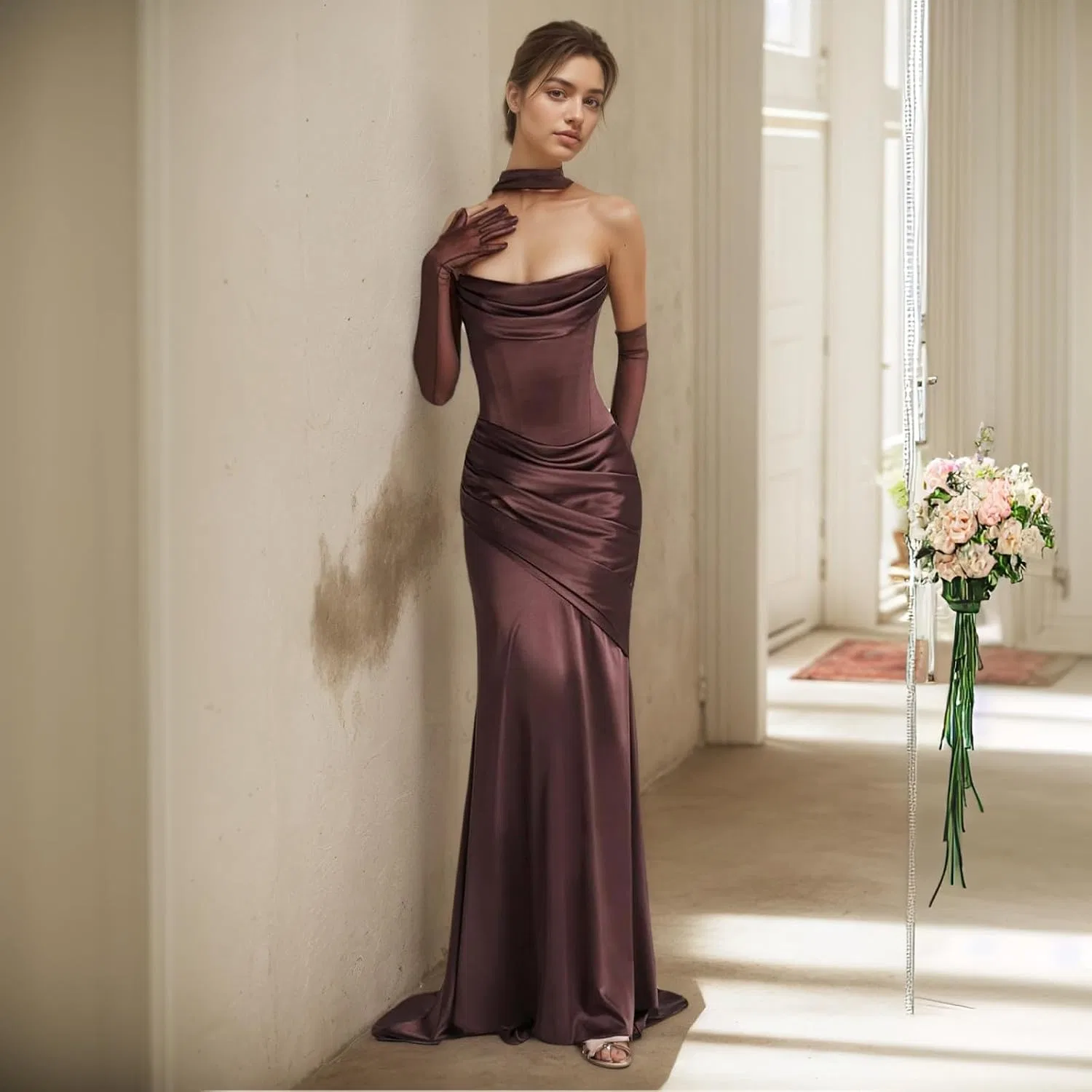 Женское вечернее платье в пол с открытыми плечами Satin, Sage Green — фото 3