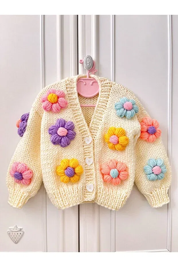 Детский кардиган для новорожденных с цветочным принтом Hand knitted children-baby cardigan Bilgem Butik, Cream