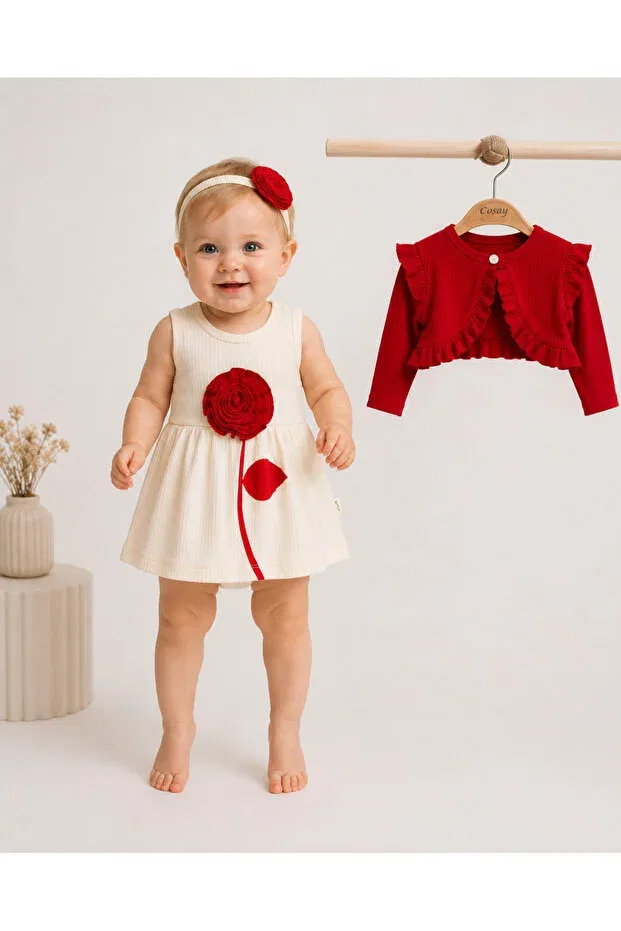 Детское платье для девочек с длинным рукавом Rose bolero bandana Aa Bebek, Red-Cream — фото 2