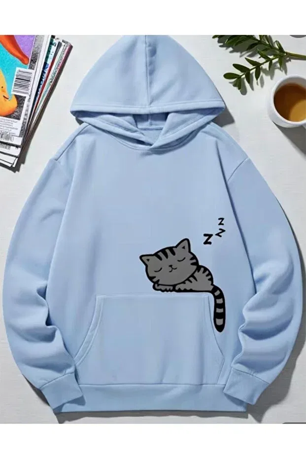 Детские свитшот с принтом с капюшоном Hooded sleepy cat printed Nigrum Pardus, Blue