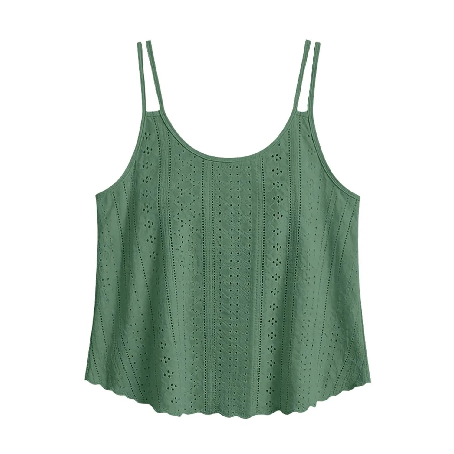 Женская майка на тонких бретелях с вышивкой и ажурным краем, Blackish Green 1 — фото 4