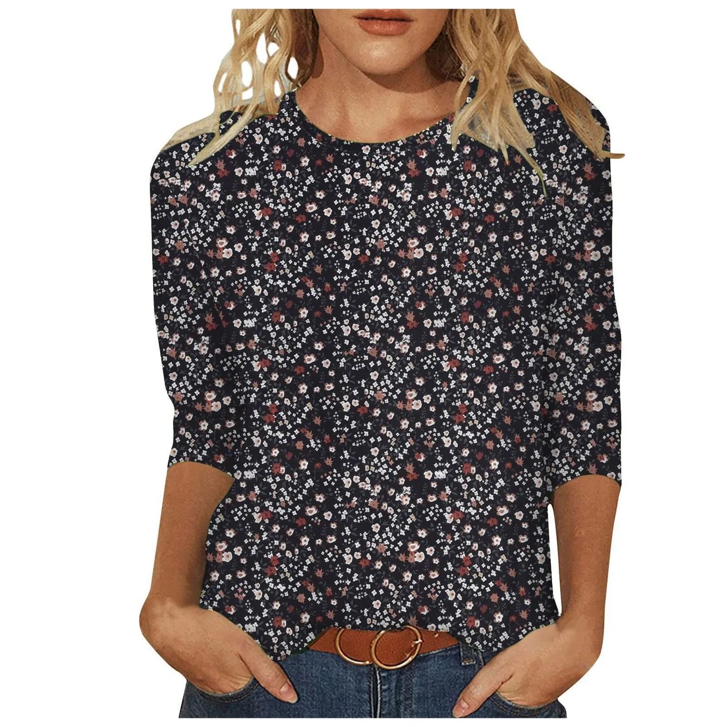 Женская блуза с принтом Plus Size T-Shirts 3/4 Sleeves T-Shirts Summer Round Neck Floral Print Casual Loose Blouses Fashion Thermal Neck, Black #5