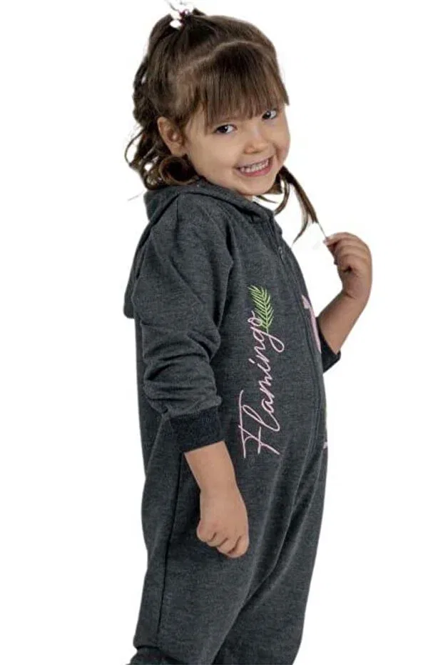 Детский комбинезон для девочек с принтом Flamingo printed baby girl smoked jumpsuit with zipper front and hood Riccotarz, Smoke Grey — фото 2
