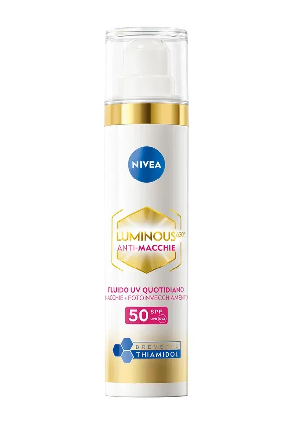 Крем для лица против пигментных пятен Luminous630 anti-macchie fluido uv quotidiano spf 50 40 мл Nivea, transparent, прозрачный