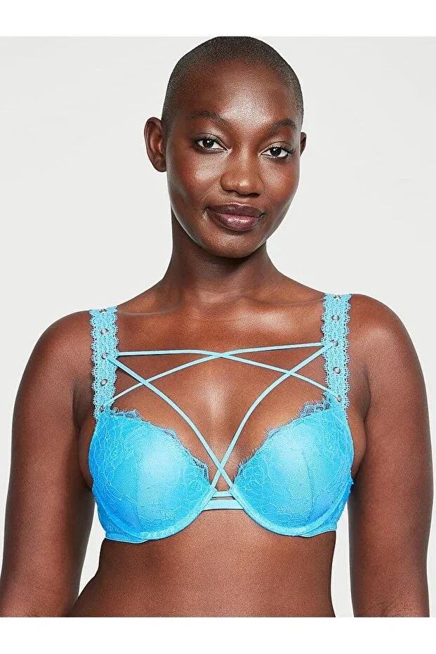 Женский бюстгальтер с кружевом Rose lace push-up bra Victoria'S Secret, Blue — фото 2