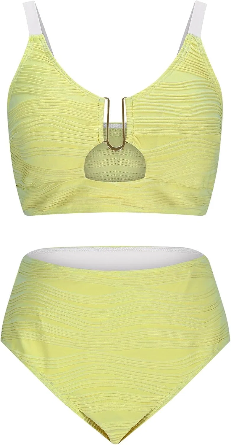 Женский высокий бикини-сет спортивный цвет-блок Plus Size, Yellow — фото 4