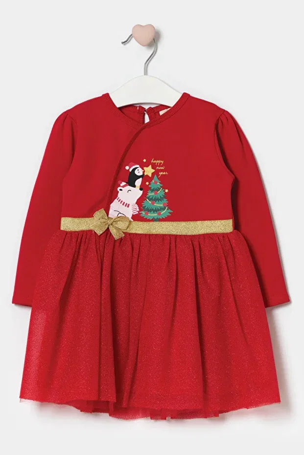 Детское платье для девочек с принтом Christmas themed bow detailed tulle Minipodyum, Red