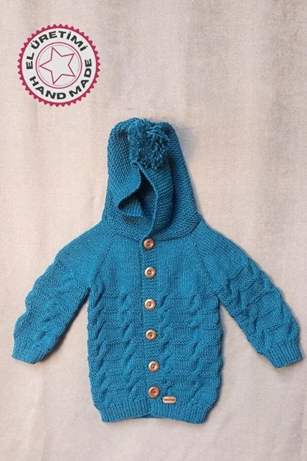 Детский кардиган с капюшоном вязаный Talia 8659 7872 Uretti, Petrol Blue