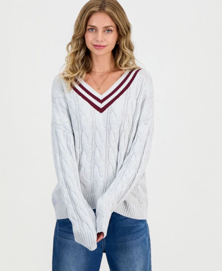Свитер с V-образным вырезом и узором косичка Hippie Rose, Heather Grey
