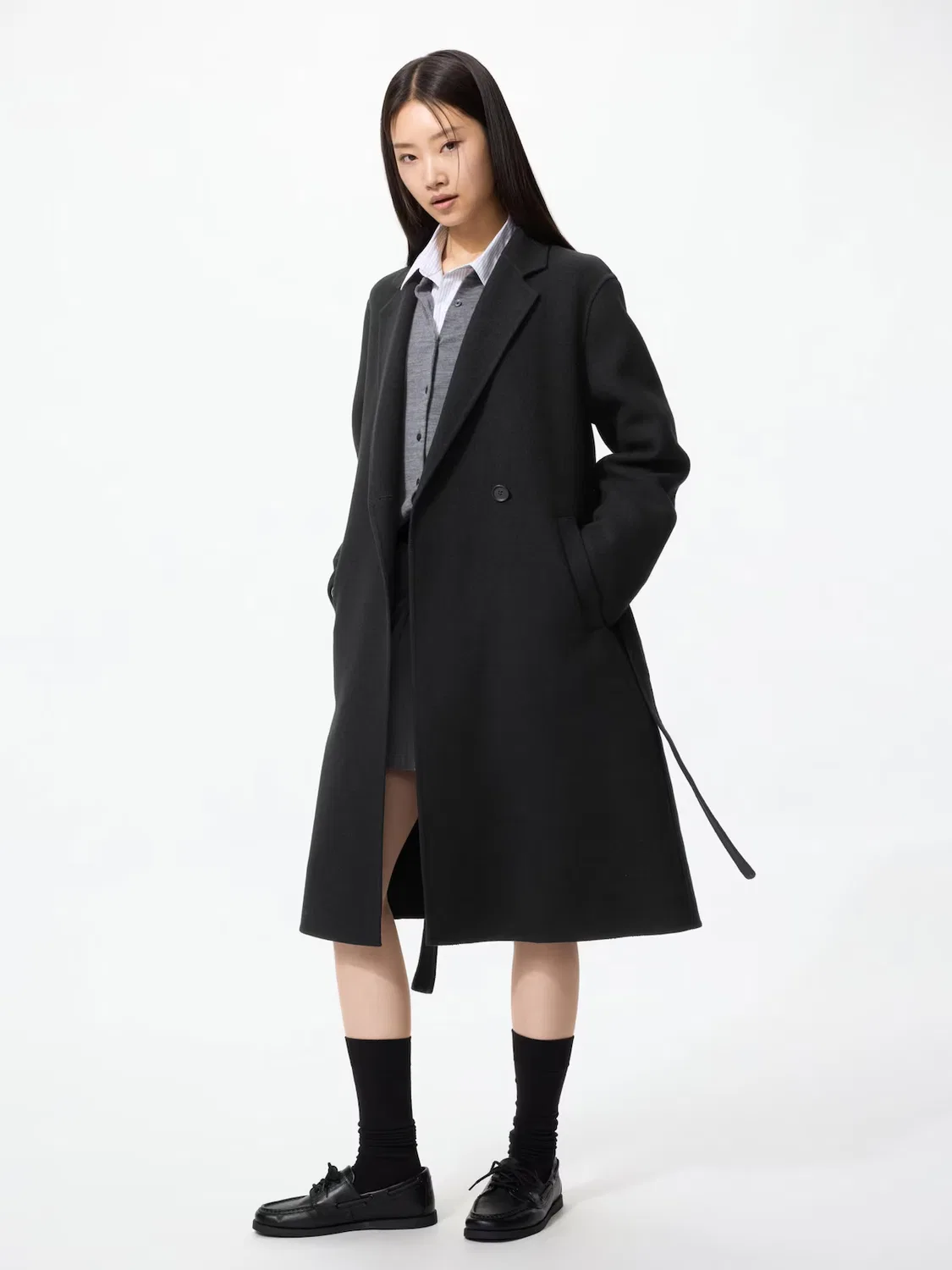 Длинное пальто Uniqlo, двустороннее свободное, черный — фото 2