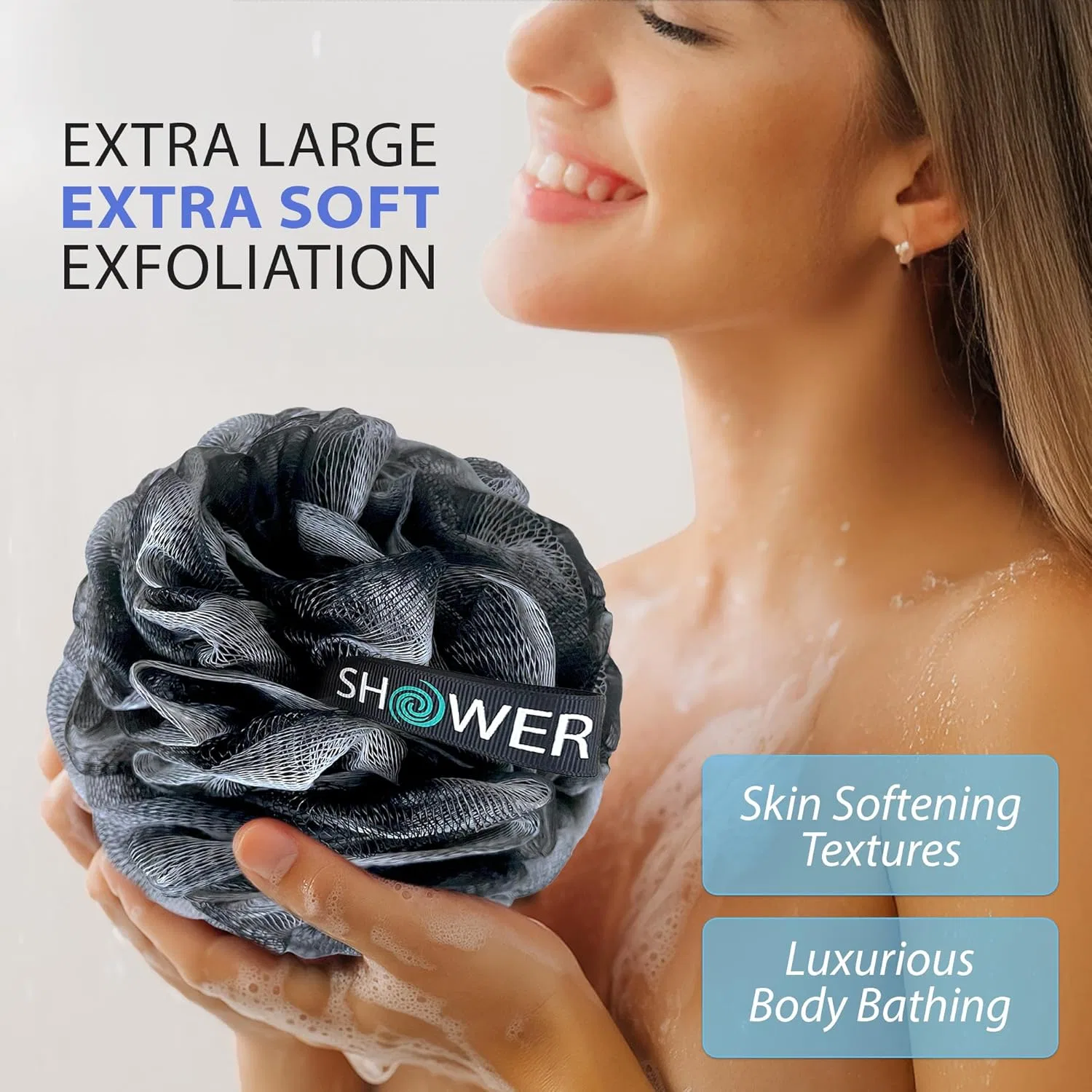 Мочалка для душа с древесным углем, XL, 75 г, набор 4 шт, Shower Bouquet — фото 2